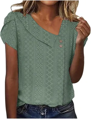 T Shirt for Women Trendy Summer Petal Short Sleeve Tee V Neck Petite Tops Cute Lace Eyelet Blouses Dressy Casual Tunic
