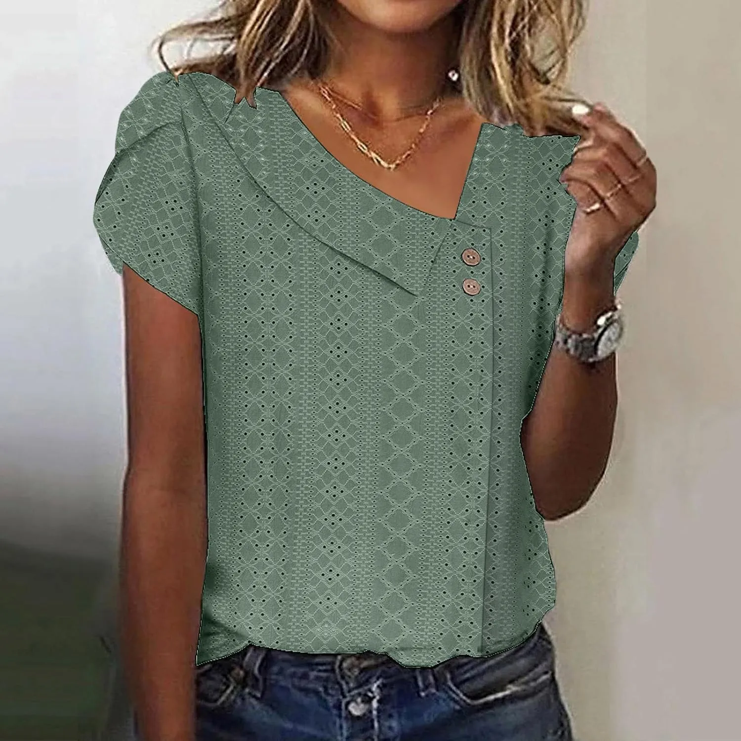T Shirt for Women Trendy Summer Petal Short Sleeve Tee V Neck Petite Tops Cute Lace Eyelet Blouses Dressy Casual Tunic