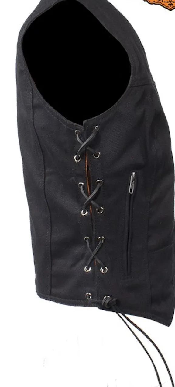 Womens Black Denim Motorcycle Vest With Side Laces Gun Pockets