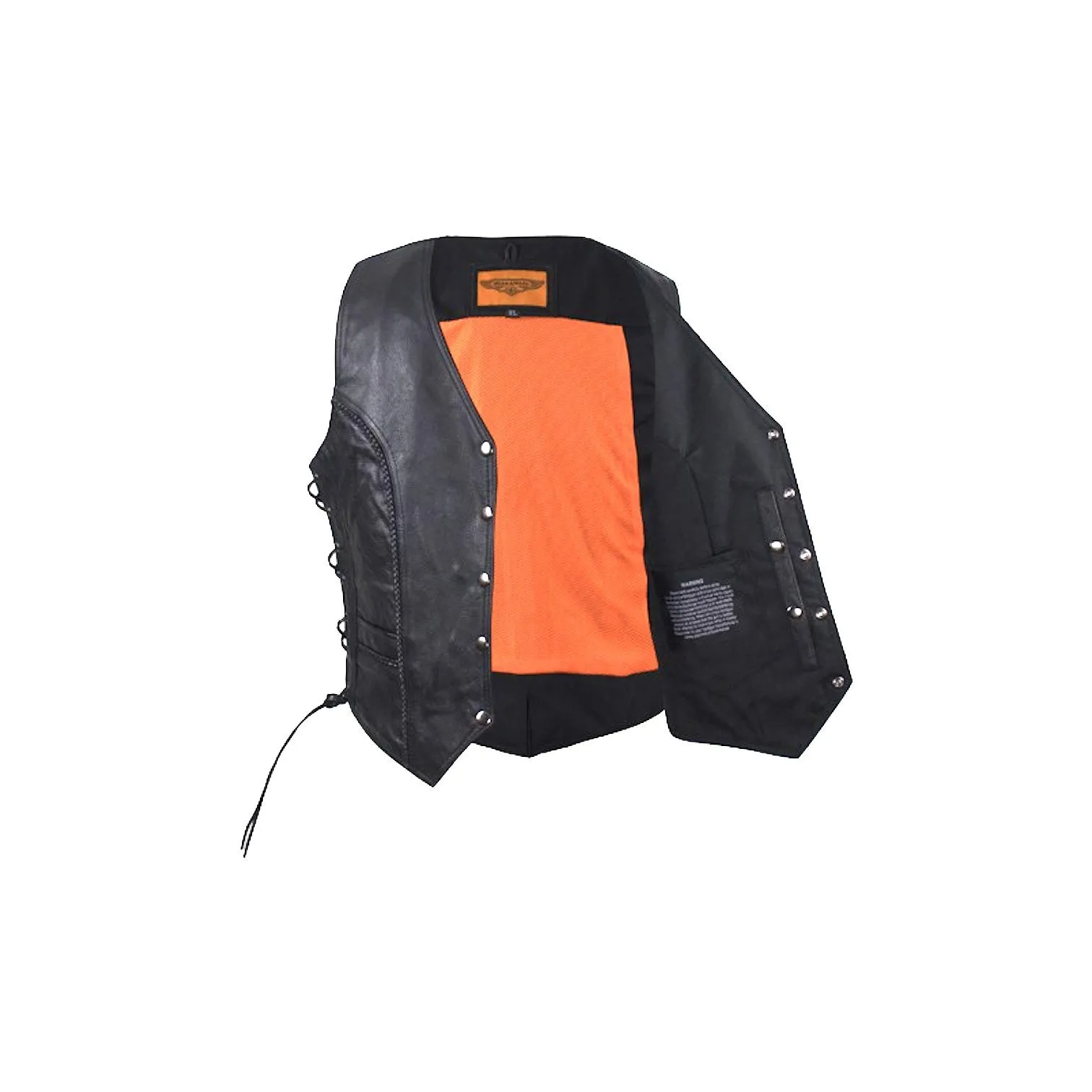 Womens Black Leather Motorcycle Vest With Braid on Front and Back Side Laces