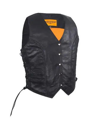Womens Black Leather Motorcycle Vest With Braid on Front and Back Side Laces