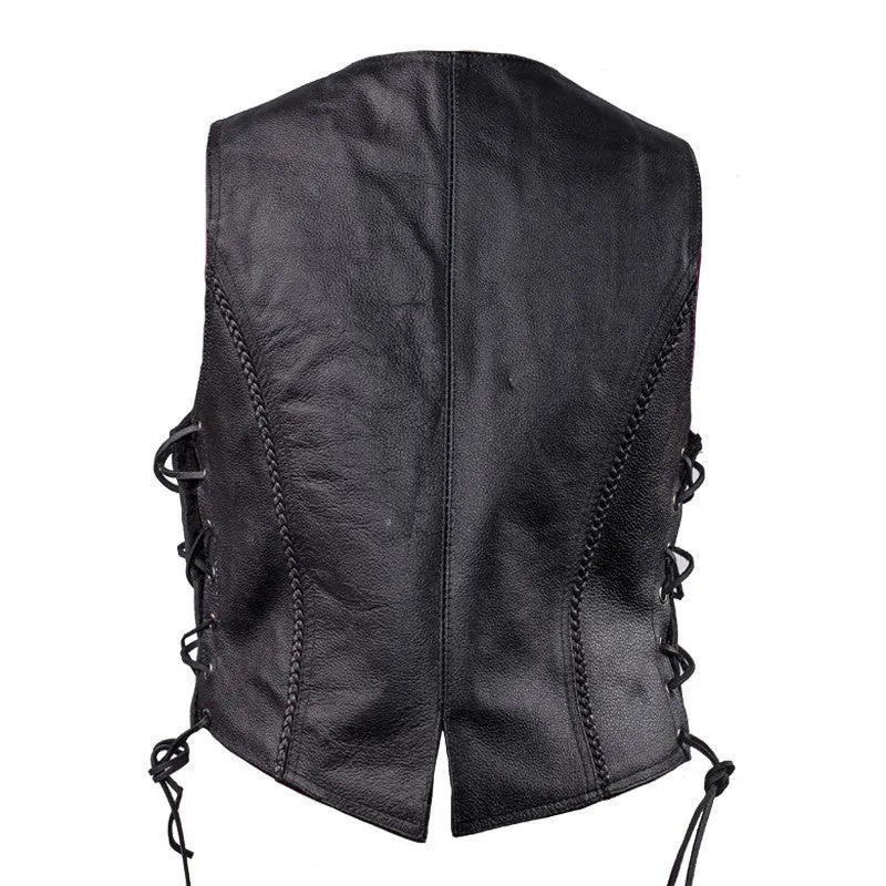 Womens Black Leather Motorcycle Vest With Braid on Front and Back Side Laces